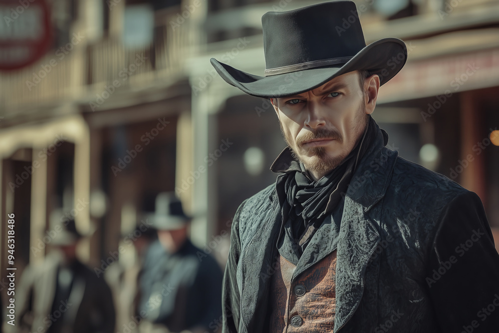A wild vampire cowboy in stunning attire stands confidently on a dusty street under the warm sun of an old-time Western town A wild vampire cowboy in stunning attire stands confidently on a dusty street under the warm sun of an old-time Western town