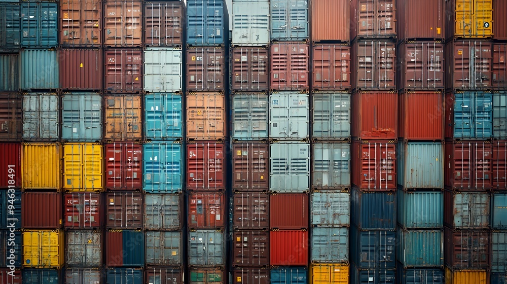 Fototapeta premium A colorful arrangement of shipping containers stacked in a port for transport and storage.