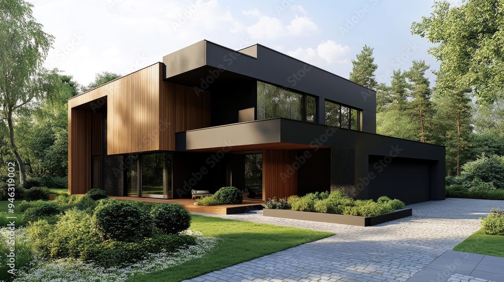 Minimalist luxury cubic home showcasing wooden cladding and black walls, with a landscaped front yard emphasizing simplicity and elegance in design Minimalist luxury cubic home showcasing wooden cladding and black walls, with a landscaped front yard emphasizing simplicity and elegance in design