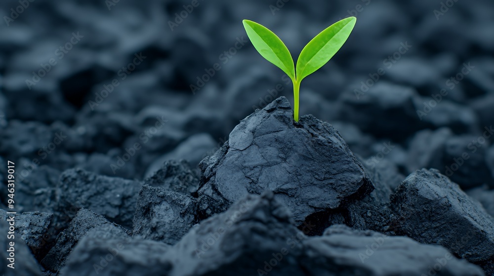 A green sprout emerging from dark rocks, symbolizing resilience and growth in harsh conditions. A green sprout emerging from dark rocks, symbolizing resilience and growth in harsh conditions.