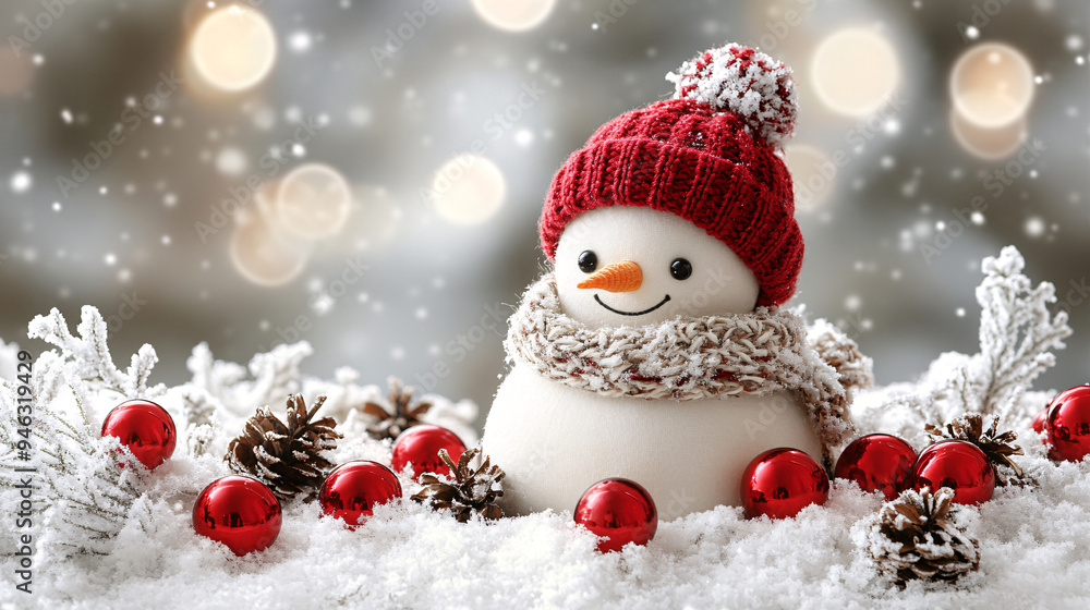 Snowman wearing knitted scarf and hat surrounded by christmas decoration, with warm bokeh lights in the background Snowman wearing knitted scarf and hat surrounded by christmas decoration, with warm bokeh lights in the background