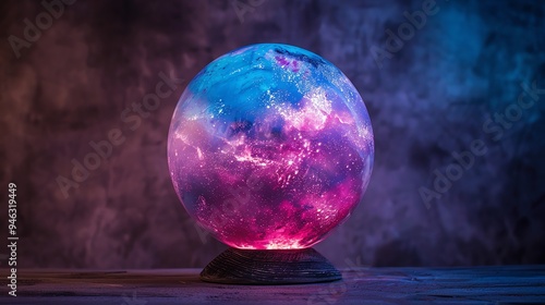 A glowing globe with purple and blue highlights, watercolor effects, front view, dark ambient light