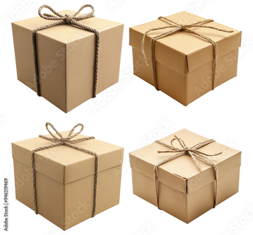 Cardboard gift boxes tied with twine isolated on transparent background photo