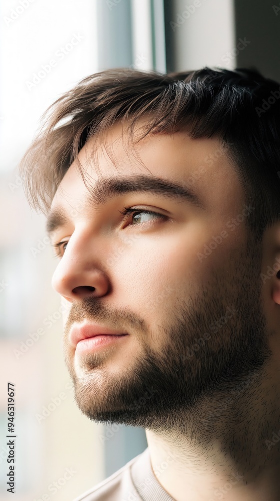 A thoughtful young man looks out a window, reflecting on his surroundings and day A thoughtful young man looks out a window, reflecting on his surroundings and day