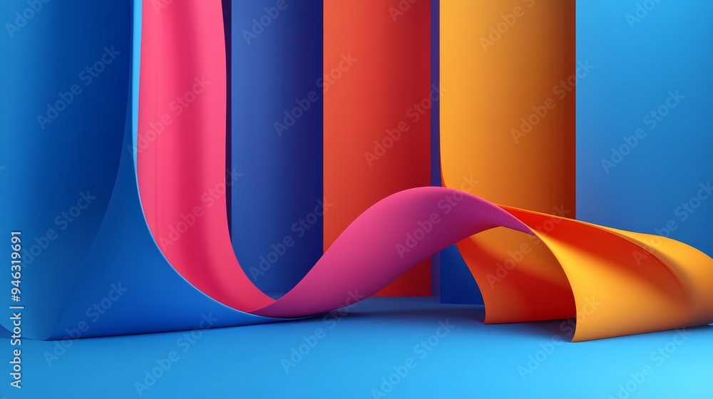 Obraz premium Abstract colorful 3D background with a flowing pink ribbon and vibrant blue, orange and red stripes. Perfect for design projects.