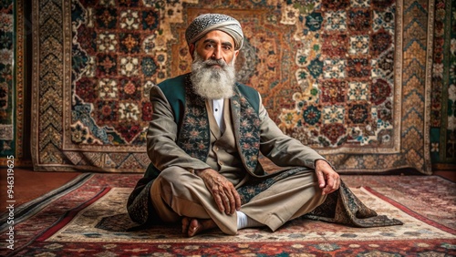 Elegant middle-aged man with thick beard and traditional attire, adorned with intricate patterns, sits comfortably on a luxurious Persian carpet, exuding wisdom and cultural heritage.