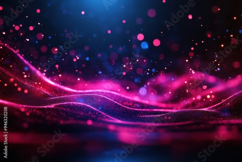 Abstract digital art with vibrant pink and blue lights, swirling wave patterns, and dynamic bokeh effects. Futuristic and energetic aesthetic.