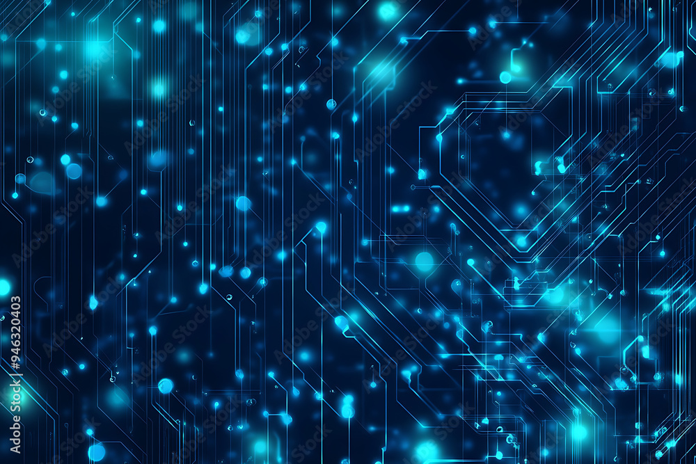 Abstract representation of a circuit board with glowing neon lines and geometric patterns against a dark background. The image evokes a high-tech, futuristic feel with ample copy space Abstract representation of a circuit board with glowing neon lines and geometric patterns against a dark background. The image evokes a high-tech, futuristic feel with ample copy space