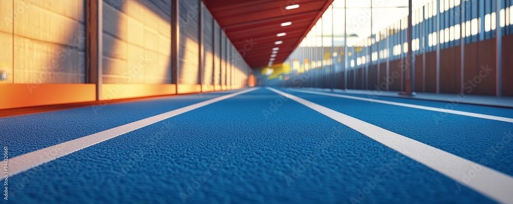 Obraz premium Blue running track with white lines, perspective view.