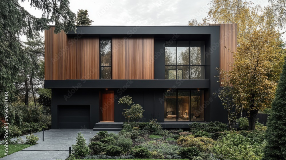 Minimalist luxury cubic home showcasing wooden cladding and black walls, with a landscaped front yard emphasizing simplicity and elegance in design Minimalist luxury cubic home showcasing wooden cladding and black walls, with a landscaped front yard emphasizing simplicity and elegance in design