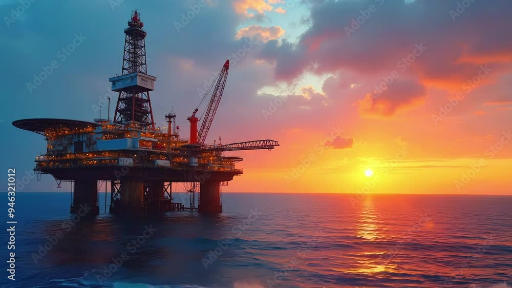 Stunning Offshore Oil Rig Platform at Sunset. Industrial Beauty at Dusk Over the Ocean Stunning Offshore Oil Rig Platform at Sunset. Industrial Beauty at Dusk Over the Ocean