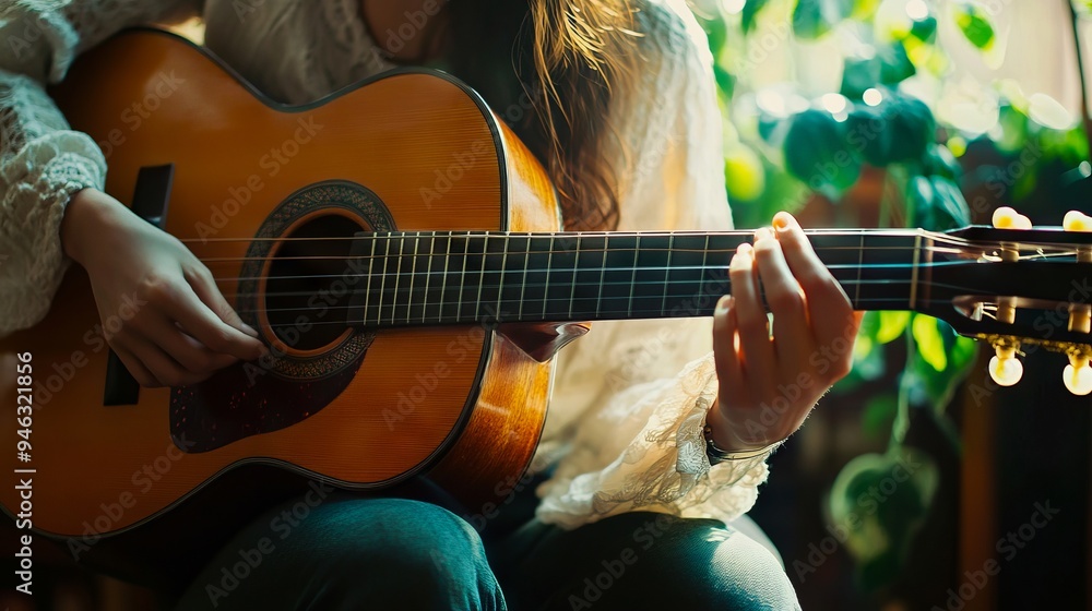 Fototapeta premium A woman playing an acoustic guitar in front of a window