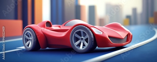 Red sports car on a racetrack, showcasing speed and power. photo