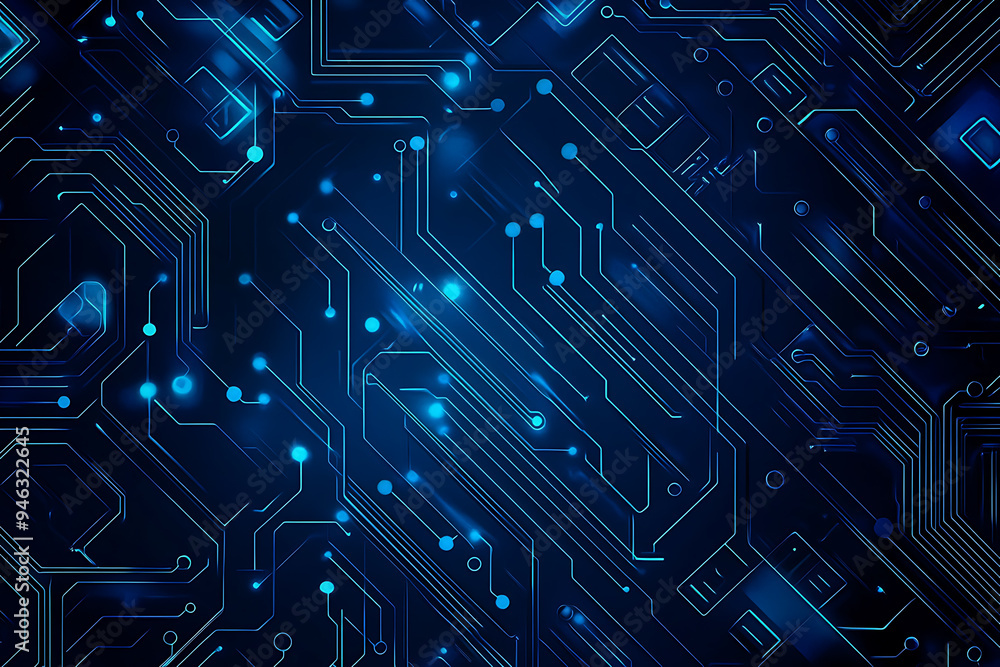Abstract representation of a circuit board with glowing neon lines and geometric patterns against a dark background. The image evokes a high-tech, futuristic feel with ample copy space Abstract representation of a circuit board with glowing neon lines and geometric patterns against a dark background. The image evokes a high-tech, futuristic feel with ample copy space