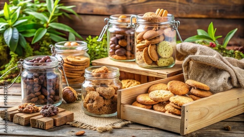 Freshly baked homemade cookies and sweet treats carefully arranged in rustic wooden crates and glass jars, surrounded by natural textiles and earthy elements. photo