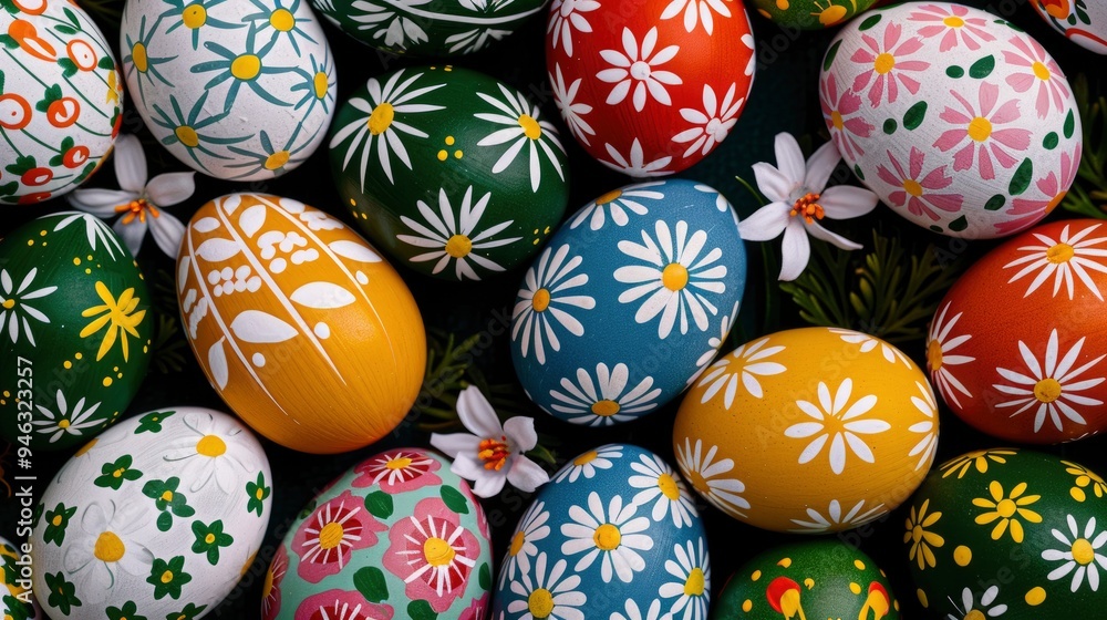 Easter Eggs with Daisy Patterns on Dark Green Background Easter Eggs with Daisy Patterns on Dark Green Background