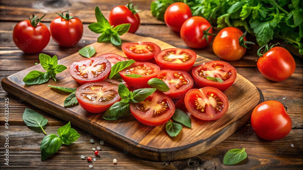 Freshly cut juicy tomato slices arranged on a rustic wooden cutting board, scattered with green leaves, surrounded by a warm and inviting kitchen ambiance. Freshly cut juicy tomato slices arranged on a rustic wooden cutting board, scattered with green leaves, surrounded by a warm and inviting kitchen ambiance.
