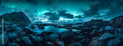 Wide-angle panoramic landscape of the Lofoten Islands in Norway, with rocks and a beach at night under a dramatic sky, featuring the northern lights and epic green-blue colors in a cinematic style