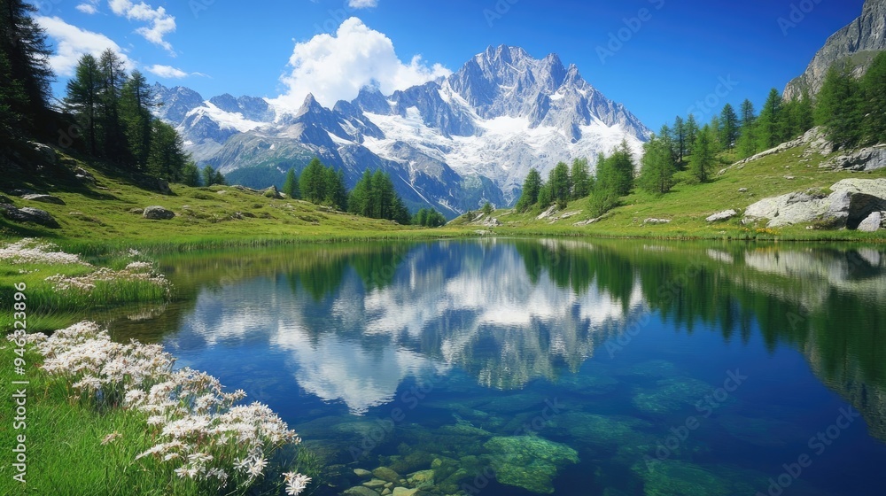 Mountain Lake Reflecting Snowy Peak and Clouds Mountain Lake Reflecting Snowy Peak and Clouds