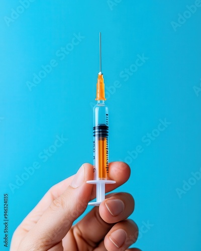 A close-up of a hand holding a syringe filled with orange liquid against a vibrant blue background.