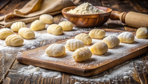 Freshly made potato gnocchi dough rests on a floured surface, awaiting shaping, with a few scattered flour dustings and a wooden cutting board in the background. photo