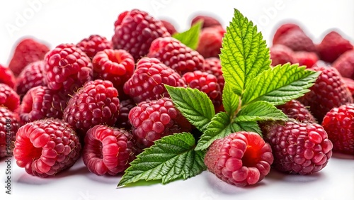 Freshly picked raspberries in various sizes and ripeness levels are scattered against a clean white background, showcasing their vibrant red color and delicate texture.