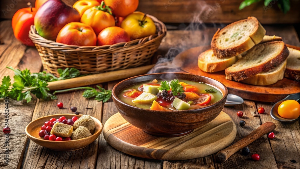 Freshly prepared meal on wooden table with vibrant fruits, crusty bread, and steaming soup, evoking warmth and comfort in a cozy dining atmosphere. Freshly prepared meal on wooden table with vibrant fruits, crusty bread, and steaming soup, evoking warmth and comfort in a cozy dining atmosphere.