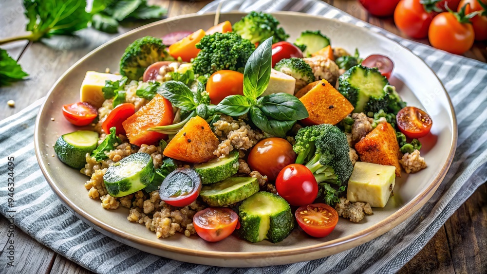 Freshly prepared kale and quinoa salad with roasted sweet potatoes, crispy Brussels sprouts, cherry tomatoes, and avocado, arranged on a white ceramic plate. Freshly prepared kale and quinoa salad with roasted sweet potatoes, crispy Brussels sprouts, cherry tomatoes, and avocado, arranged on a white ceramic plate.