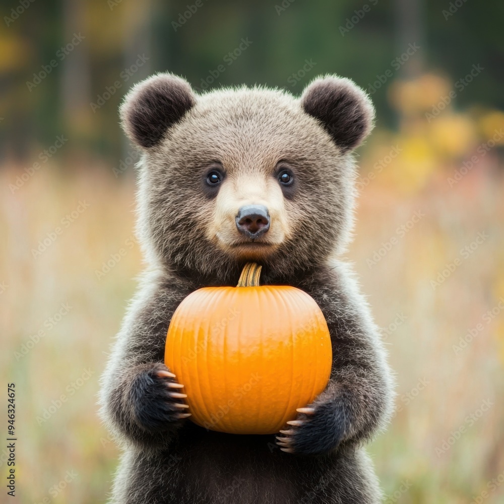 Obraz premium A cute bear holds a vibrant orange pumpkin in a colorful autumn landscape, capturing the essence of seasonal charm and wildlife.