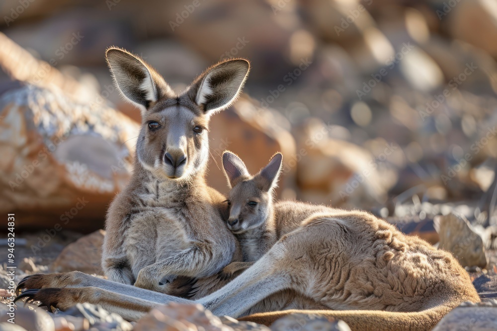 Fototapeta premium Red Kangaroo Mother and Joey Resting on Rocks