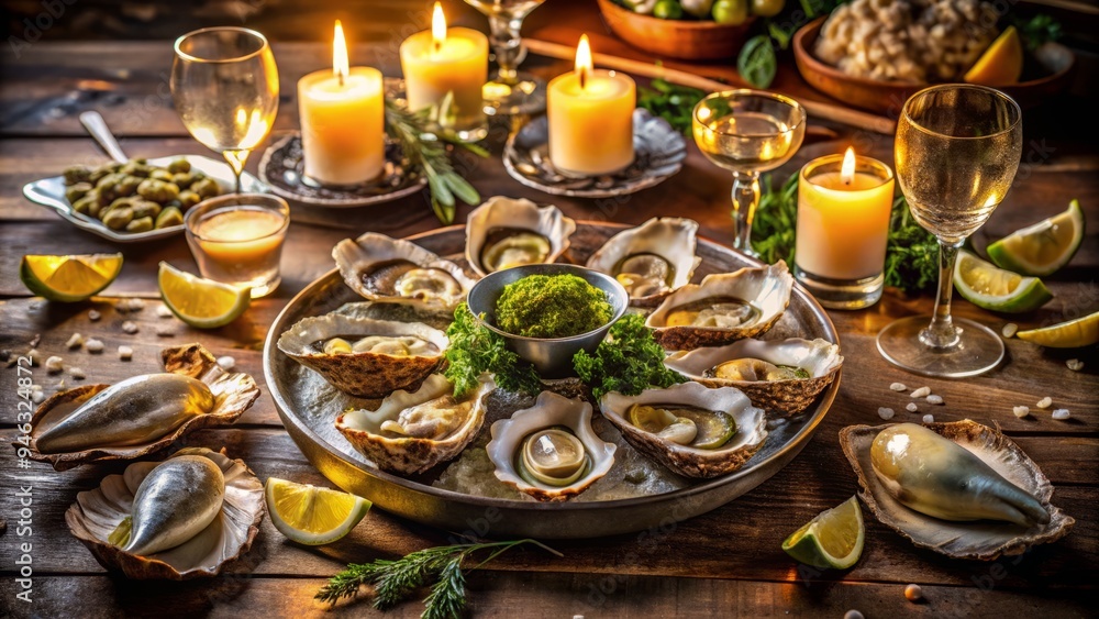 Freshly shucked oysters are savored during an intimate evening gathering, illuminated by soft candlelight, with wine glasses and ornate tableware surrounding the sumptuous seafood feast. Freshly shucked oysters are savored during an intimate evening gathering, illuminated by soft candlelight, with wine glasses and ornate tableware surrounding the sumptuous seafood feast.