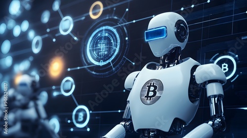 High-tech AI-powered robots processing blockchain transactions in a digital environment