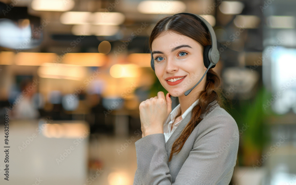 Portrait of customer support female phone worker, against blurred background. Consulting and assistance service call center. Portrait of customer support female phone worker, against blurred background. Consulting and assistance service call center.