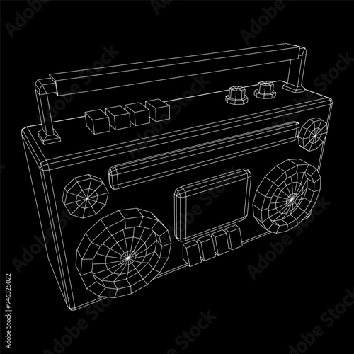 Retro Boombox outdated portable cassette tape recorder. Wireframe low poly mesh vector illustration.