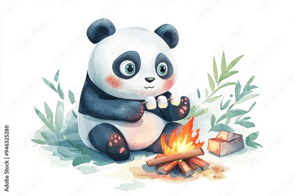 Obraz premium Big-eyed panda roasting marshmallows, campfire glow, isolated on white, watercolor style