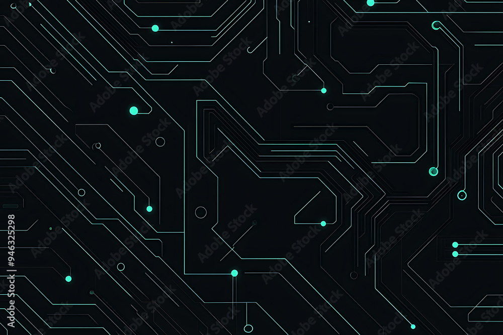 Abstract representation of a circuit board with glowing neon lines and geometric patterns against a dark background. The image evokes a high-tech, futuristic feel with ample copy space Abstract representation of a circuit board with glowing neon lines and geometric patterns against a dark background. The image evokes a high-tech, futuristic feel with ample copy space