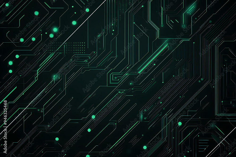 Abstract representation of a circuit board with glowing neon lines and geometric patterns against a dark background. The image evokes a high-tech, futuristic feel with ample copy space Abstract representation of a circuit board with glowing neon lines and geometric patterns against a dark background. The image evokes a high-tech, futuristic feel with ample copy space