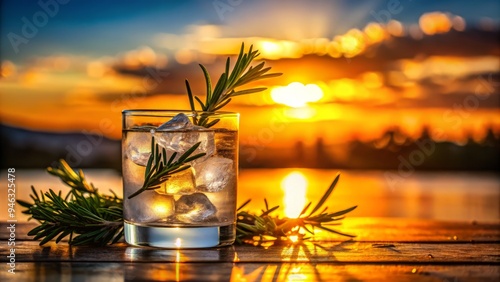 Frosted glass filled with crystalline ice cubes, garnished with a sprig of rosemary, holding a refreshing clear spirit, against a warm sunset background. photo