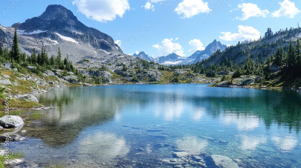 Serene Mountain Lake Surrounded by Majestic Peaks Serene Mountain Lake Surrounded by Majestic Peaks