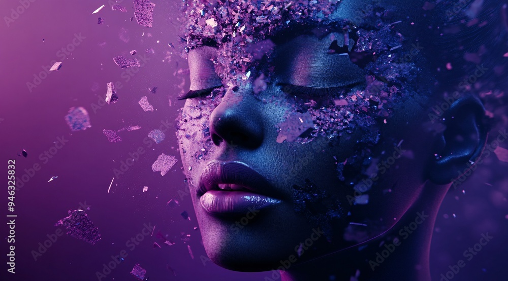 Conceptual Image of Human Mind Shattering on Vibrant Purple Background Conceptual Image of Human Mind Shattering on Vibrant Purple Background