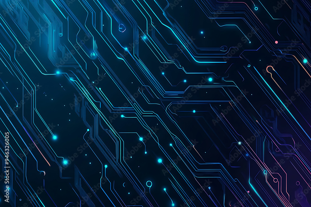 Abstract representation of a circuit board with glowing neon lines and geometric patterns against a dark background. The image evokes a high-tech, futuristic feel with ample copy space Abstract representation of a circuit board with glowing neon lines and geometric patterns against a dark background. The image evokes a high-tech, futuristic feel with ample copy space