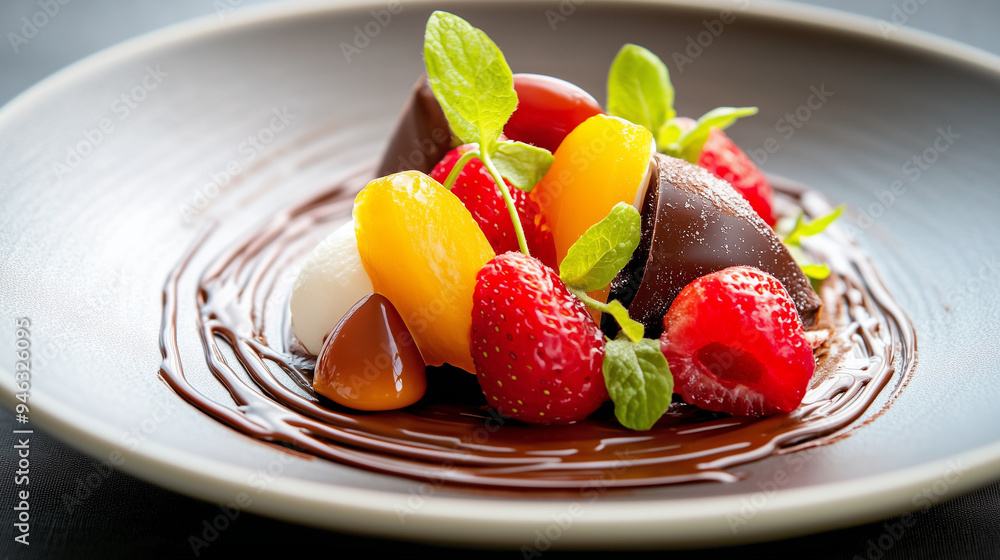 Decadent Chocolate and Fruit Dessert: A gourmet plate of delectable chocolate desserts, fresh strawberries, and ripe yellow fruit, adorned with a drizzle of chocolate and a sprig of mint. Decadent Chocolate and Fruit Dessert: A gourmet plate of delectable chocolate desserts, fresh strawberries, and ripe yellow fruit, adorned with a drizzle of chocolate and a sprig of mint.