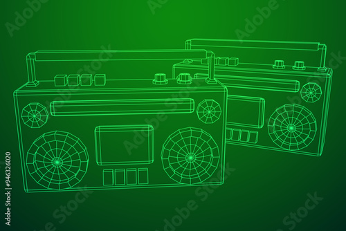 Retro Boombox outdated portable cassette tape recorder. Wireframe low poly mesh vector illustration.