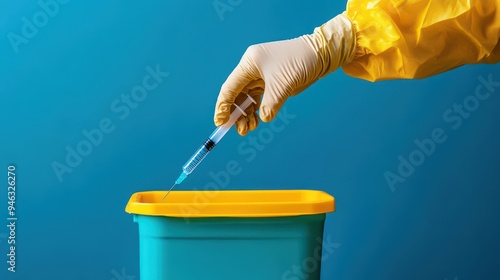 A medical professional disposing of a syringe in a bright, colored waste container, symbolizing safety and hygiene practices.
