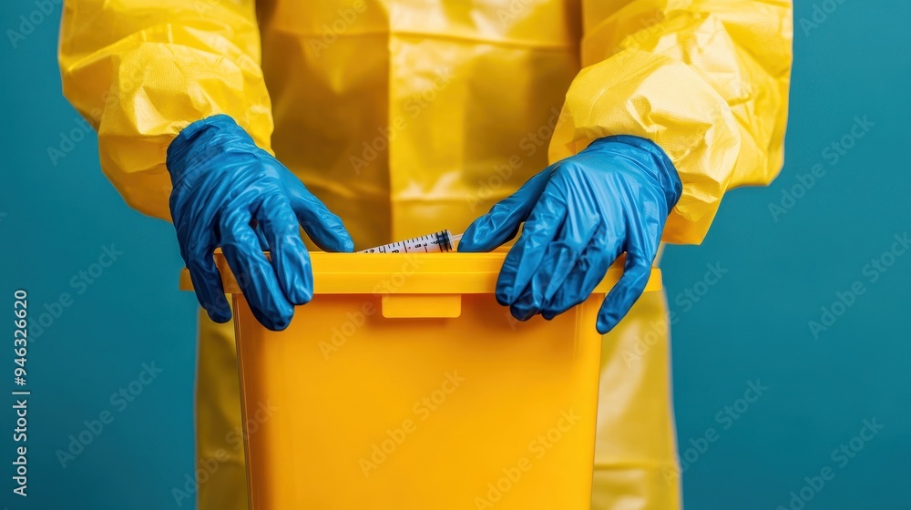 A person in protective gear uses blue gloves to handle a yellow waste container for safe waste disposal. A person in protective gear uses blue gloves to handle a yellow waste container for safe waste disposal.