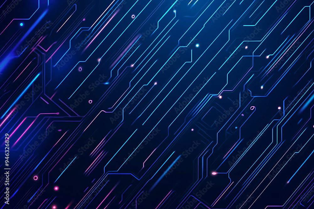  Abstract representation of a circuit board with glowing neon lines and geometric patterns against a dark background. The image evokes a high-tech, futuristic feel with ample copy space