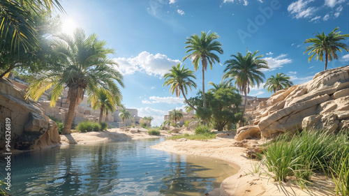 A beautiful beach with palm trees and a river running through it 