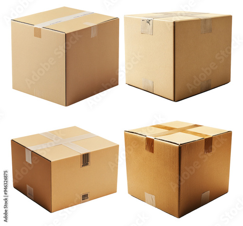 Closed cardboard boxes with shipping labels isolated on transparent background photo