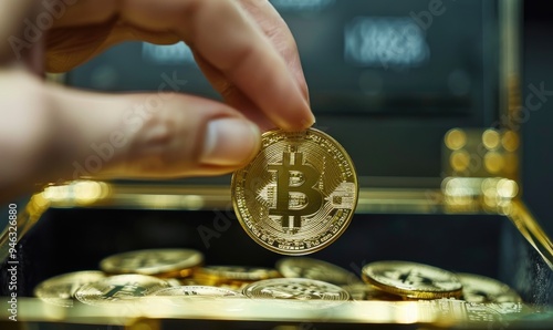 A hand holding a gold Bitcoin coin above an open black case that contains multiple similar Bitcoin coins, indicating cryptocurrency wealth photo