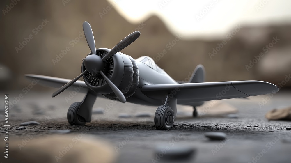 Fototapeta premium A close-up of a vintage propeller plane model on a rocky surface.